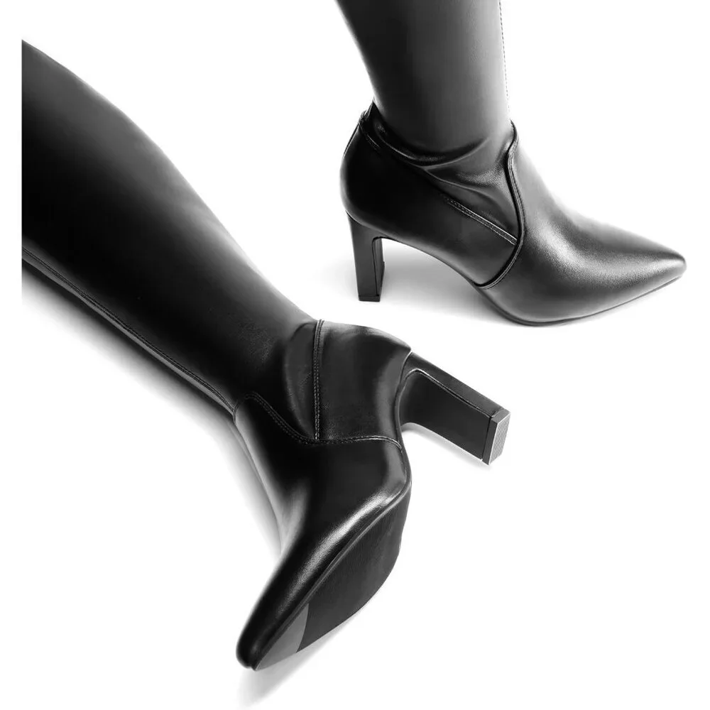 Women's Black Suede Over The Knee Thigh High Chunky High Heels Pointed Toe Boots